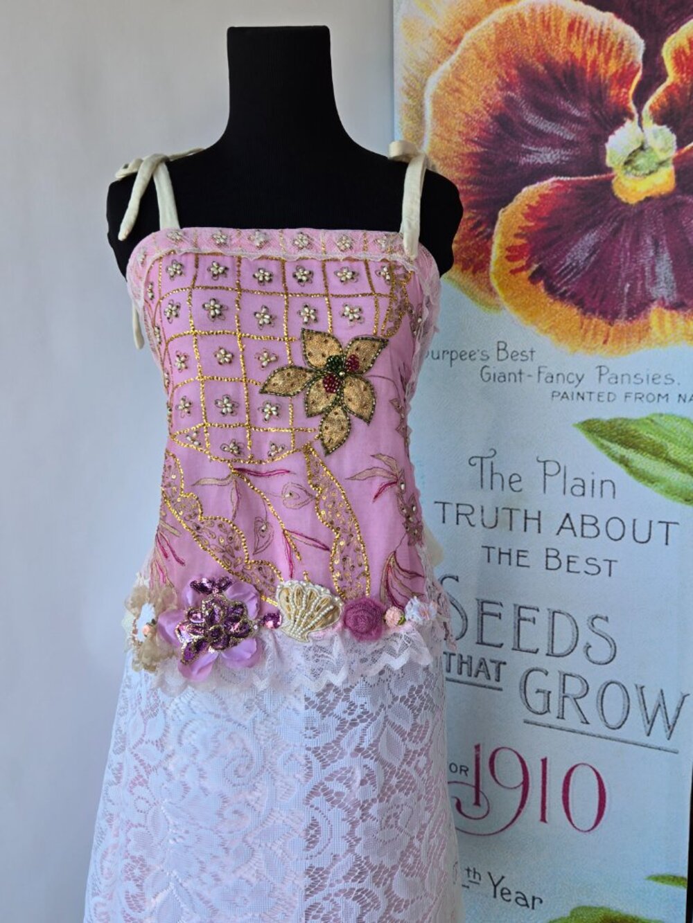 Handmade Cream Pink Gold Embroidered Lace Tube-Top Blouse Balletcore Style Med - Picture 8 of 13